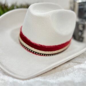 White Cowboy Hat with Red and Black Bands